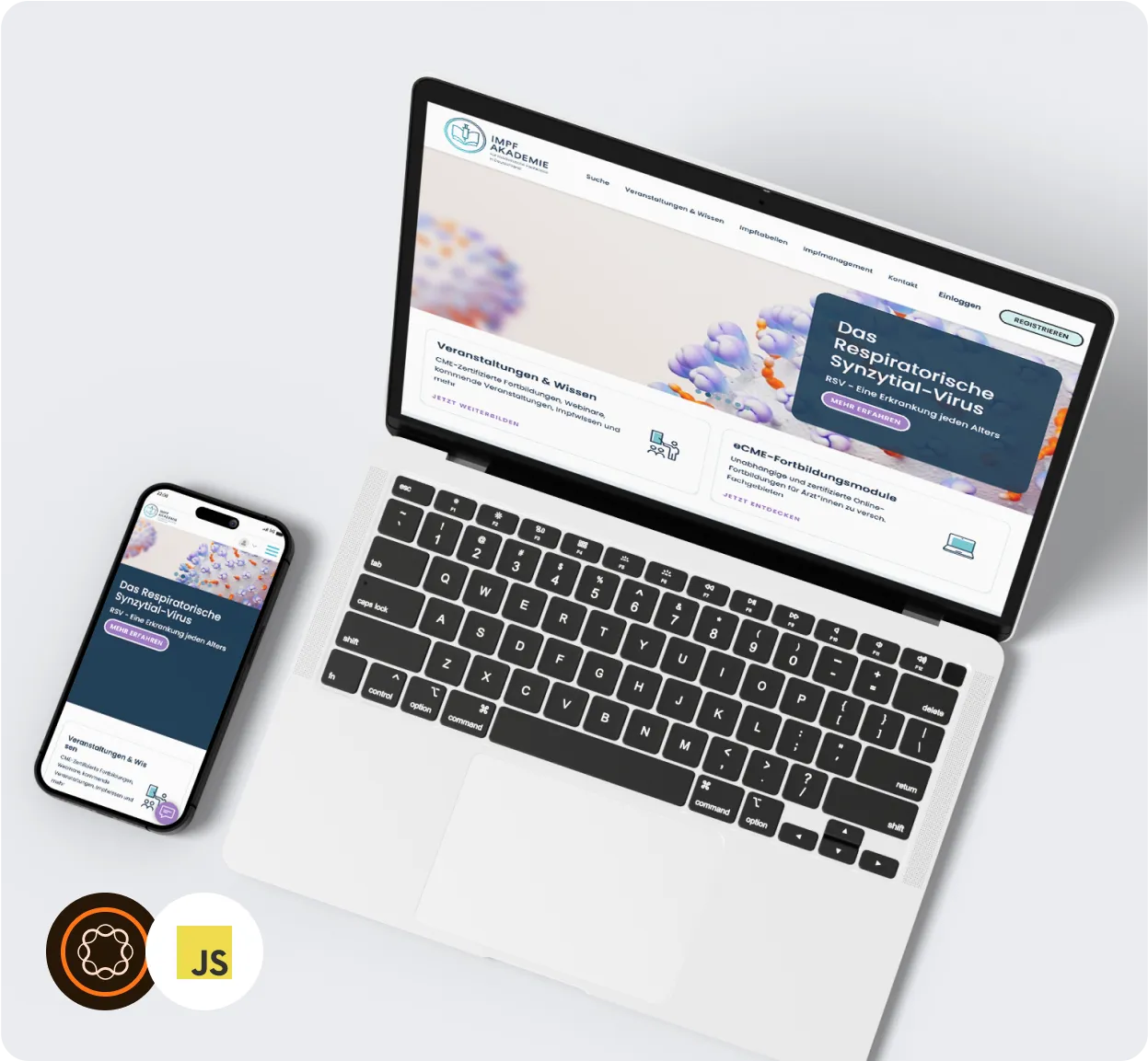 An overhead view of a MacBook and iPhone displaying a medical website with content related to the Respiratory Syncytial Virus (RSV), alongside icons for JavaScript (JS) and other programming tools.