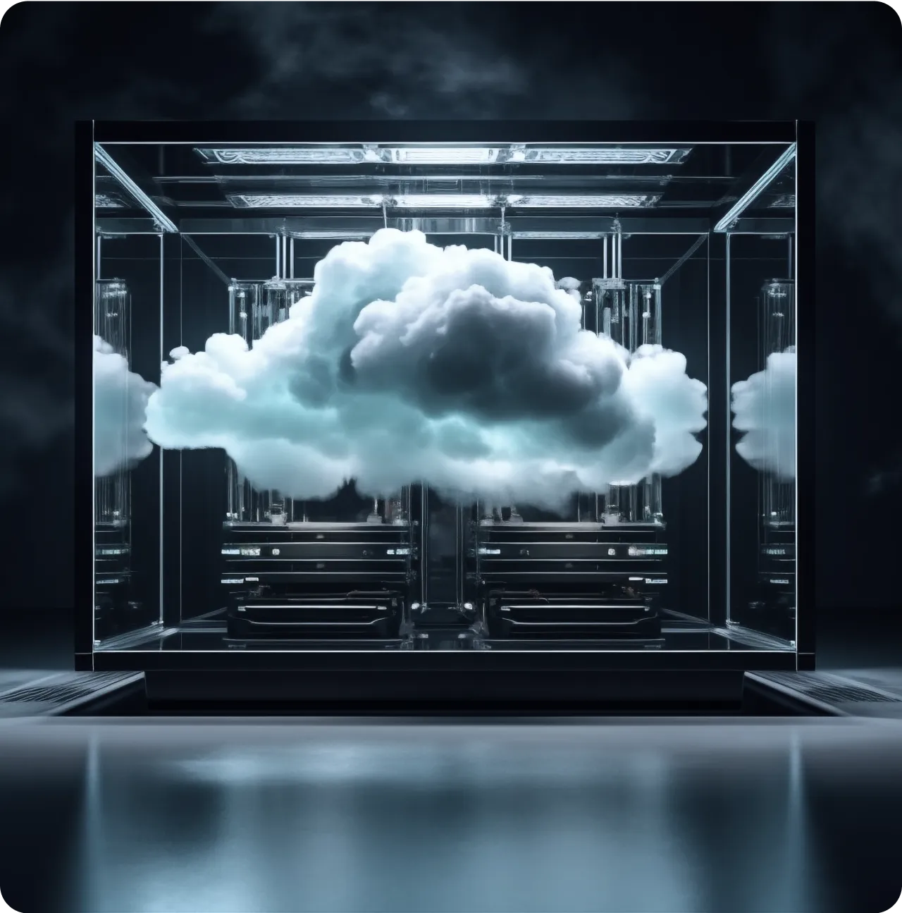 Visual representation of cloud architecture within a glass enclosure, symbolizing modern cloud computing services - Havedevs, your trusted partner for cloud architecture service. Elevate your business with advanced cloud solutions from Havedevs.