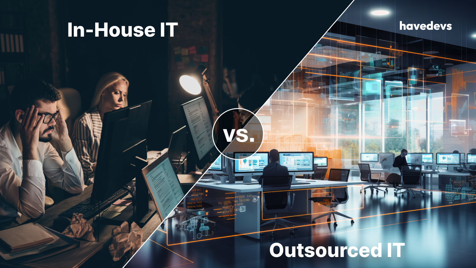 Comparison of In-House vs. Outsourced IT services with a stressed in-house IT team on the left and a professional outsourced IT environment by havedevs on the right.