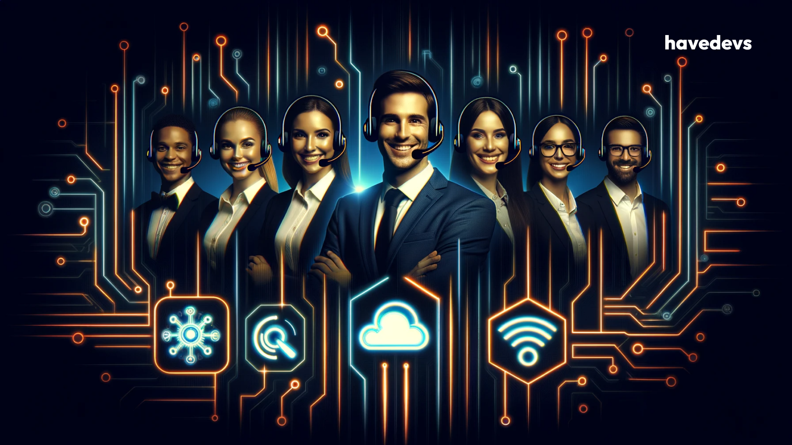 Modern image of a relaxed business team with a background of neon glowing IT support symbols, in shades of blue and orange, against a black background, symbolizing ease and efficiency in outsourcing.