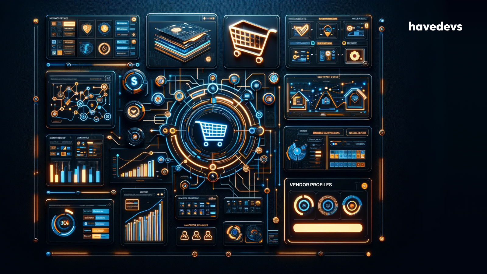 Image collage featuring key features of marketplace software, including a shopping cart, analytics dashboard, and vendor profiles, designed in a modern, neon glowing circuit board style with blue and orange highlights against a black background.