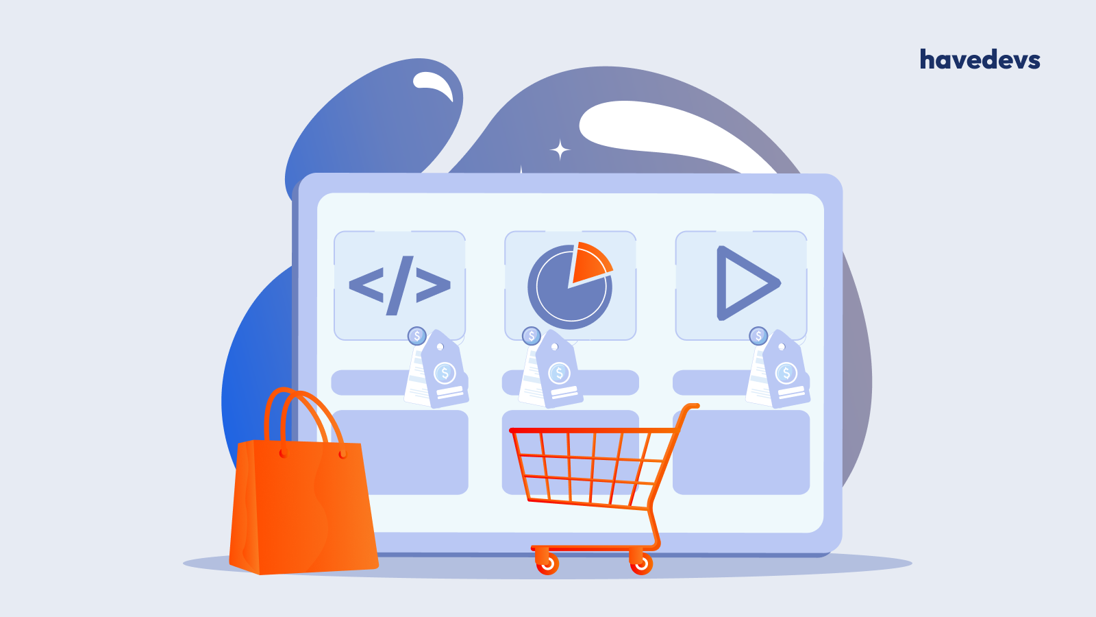 Digital e-commerce tools with shopping icons, a shopping cart, and price tags on a computer monitor, showcasing havedevs solutions for online retail.