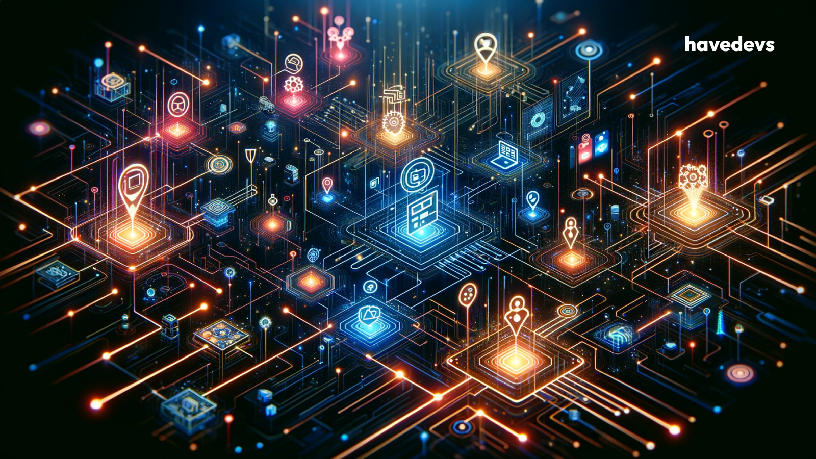 Futuristic portrayal of businesses in a digital landscape, interconnected by neon glowing lines and nodes, highlighting the significance of marketplace software, in a modern, dark circuit board-like design.