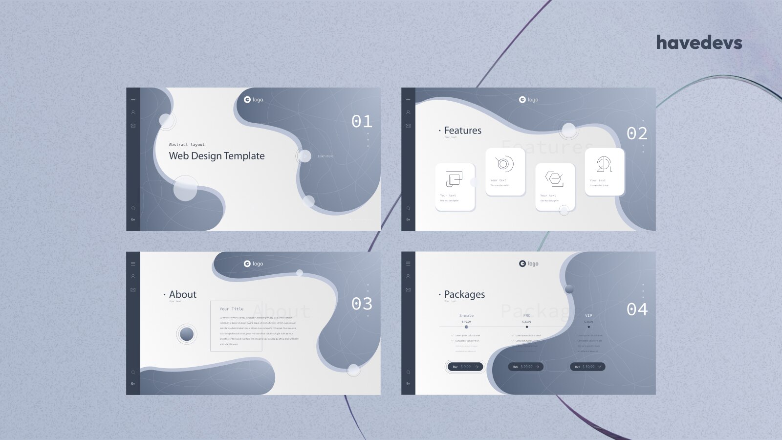 Set of four stylish web design templates showcasing features, about section, and package options, marked with the havedevs logo.