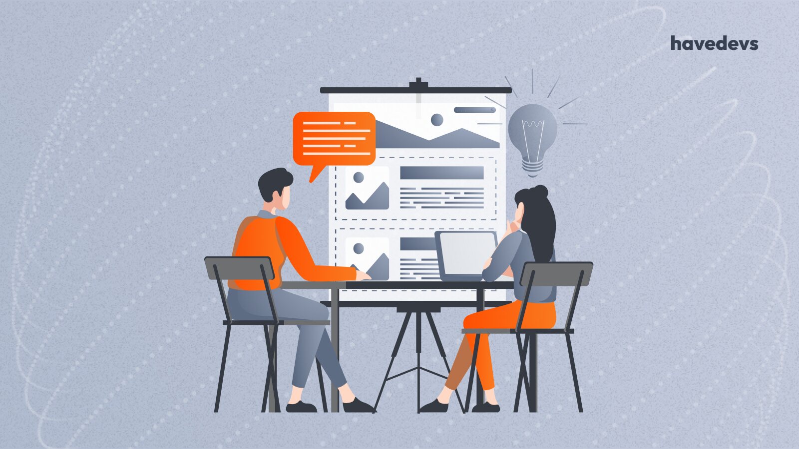 Two professionals collaborating at a desk with a large display of a website layout, representing havedevs' teamwork in content strategy and SEO optimization.