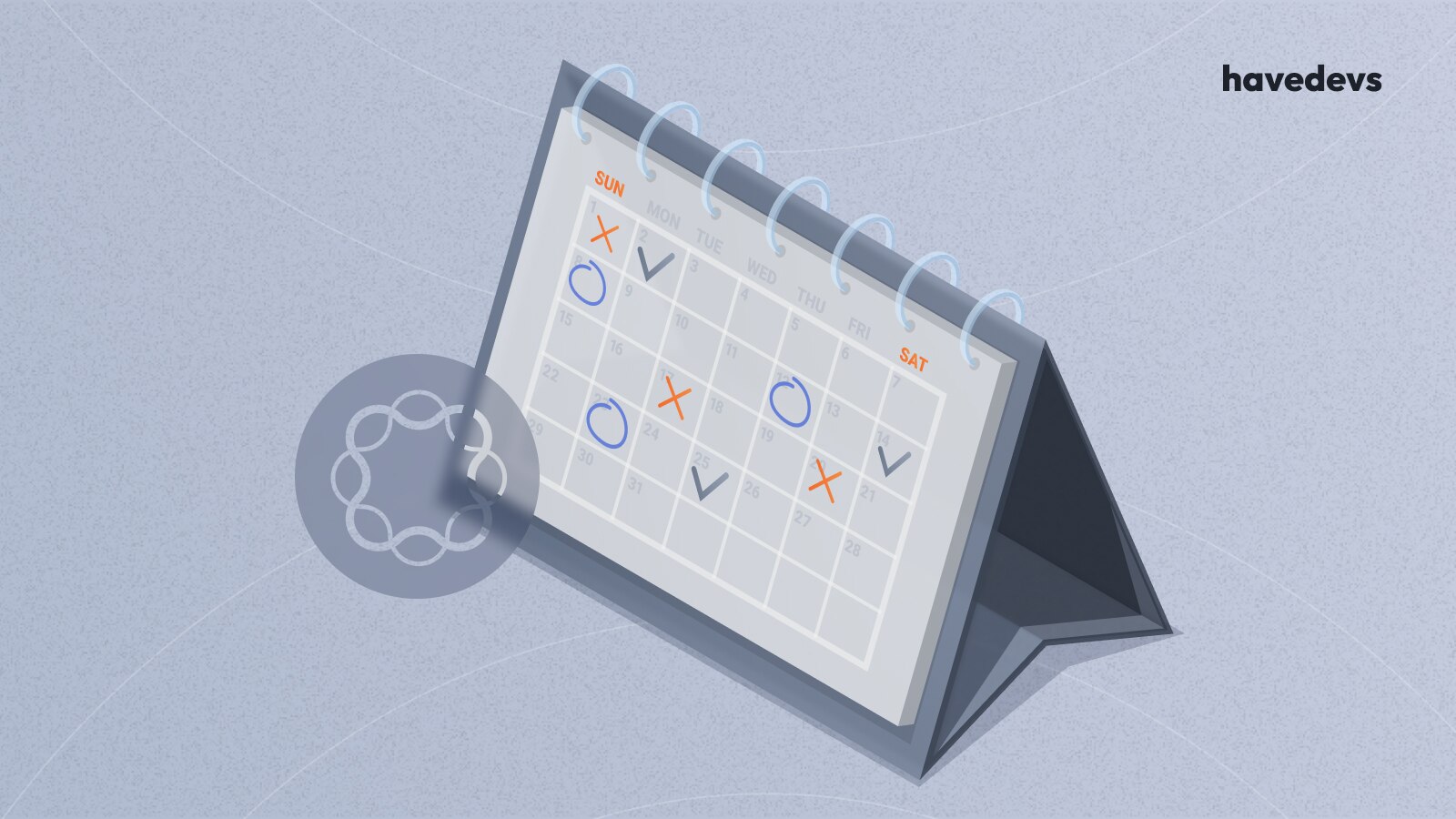 Desk calendar displaying various project deadlines and completion marks with a Havedevs logo, emphasizing organized project management.
