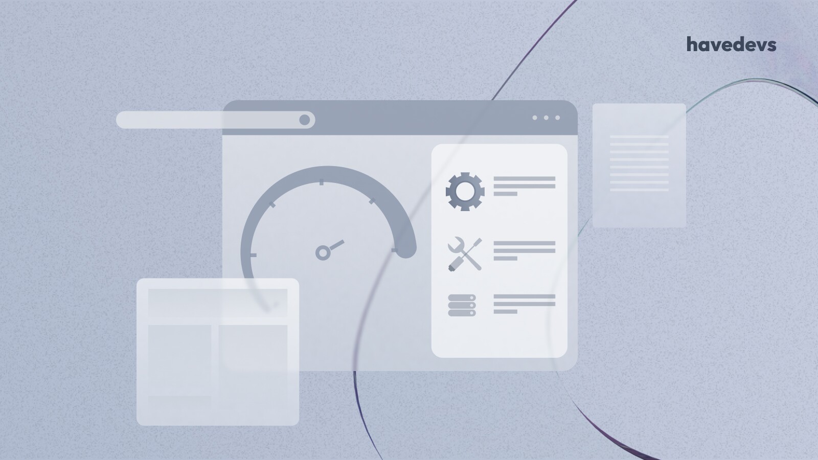 Stylized representation of development tools and user interfaces by havedevs, featuring a speedometer and tool icons.