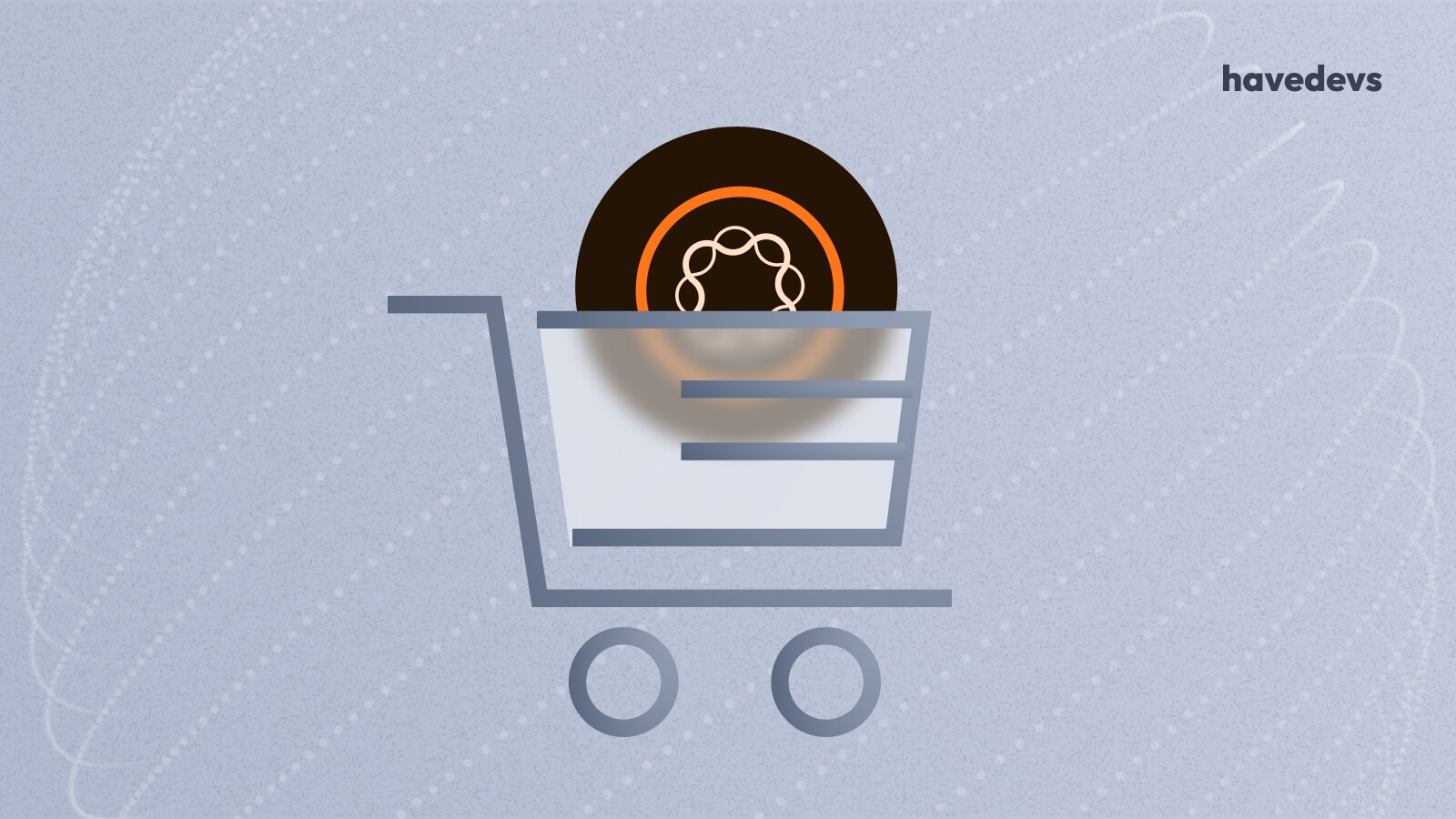 Illustration of a shopping cart with the Adobe Experience Manager logo, representing Havedevs integration services.