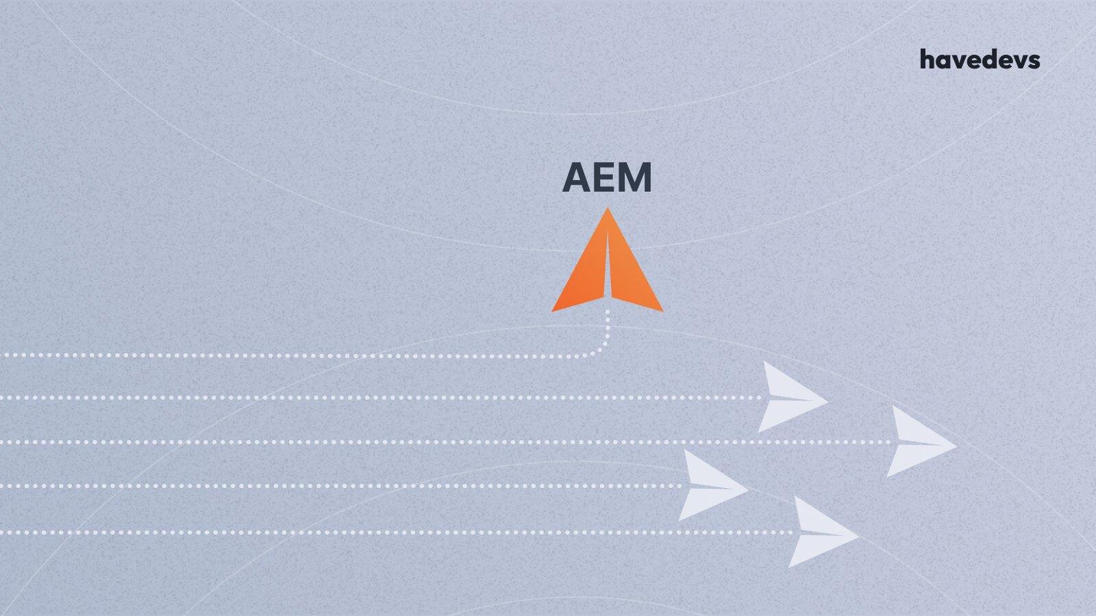 Illustration of an orange paper airplane leading white ones, representing Havedevs' expertise in Adobe Experience Manager (AEM) implementation.